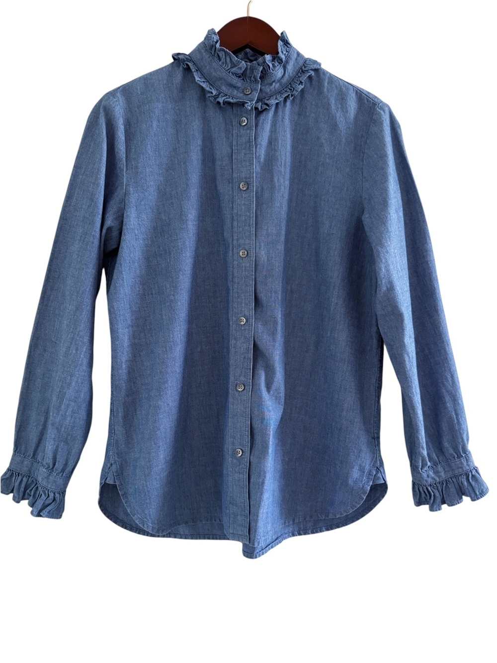 J. CREW Classic Chambray Ruffle Button Front Shirt Size 6 - Picture 8 of 11